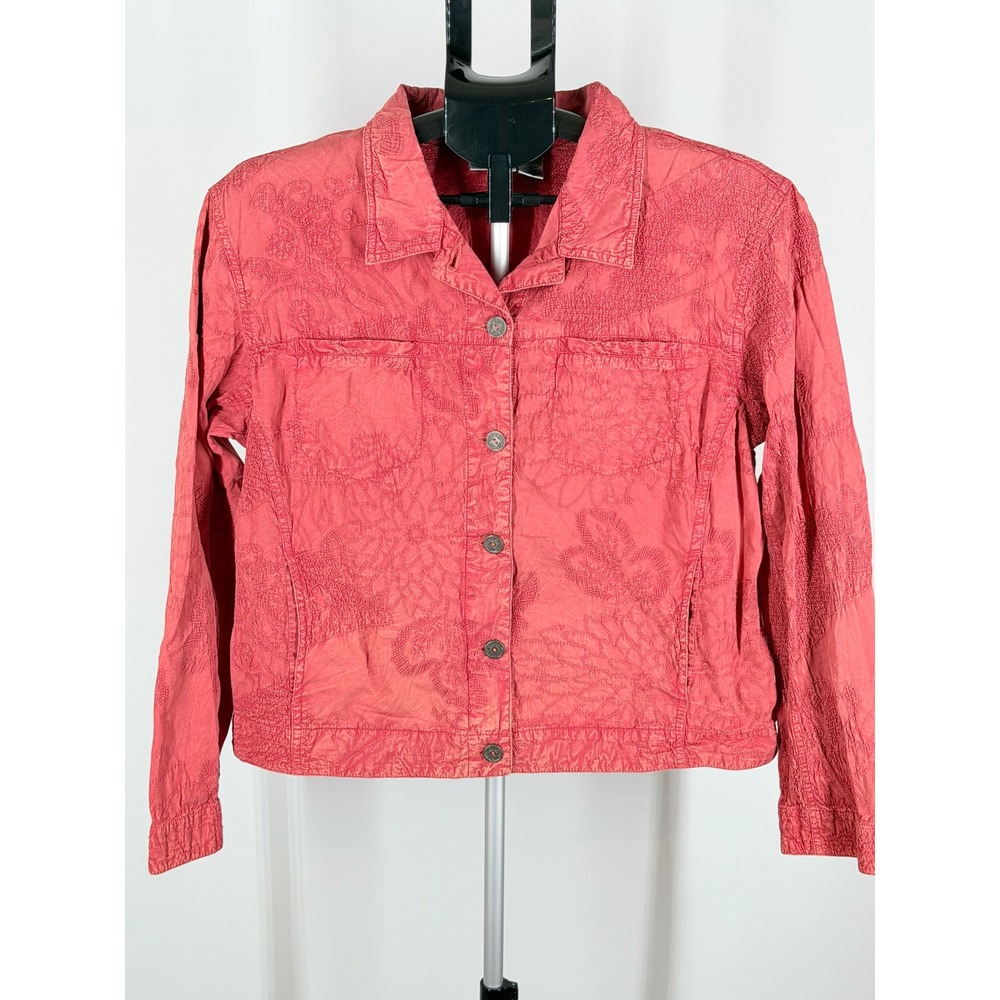 Chicos Coral Pink Embroidered Cotton Button Up Jacket Size 2 Floral Textured